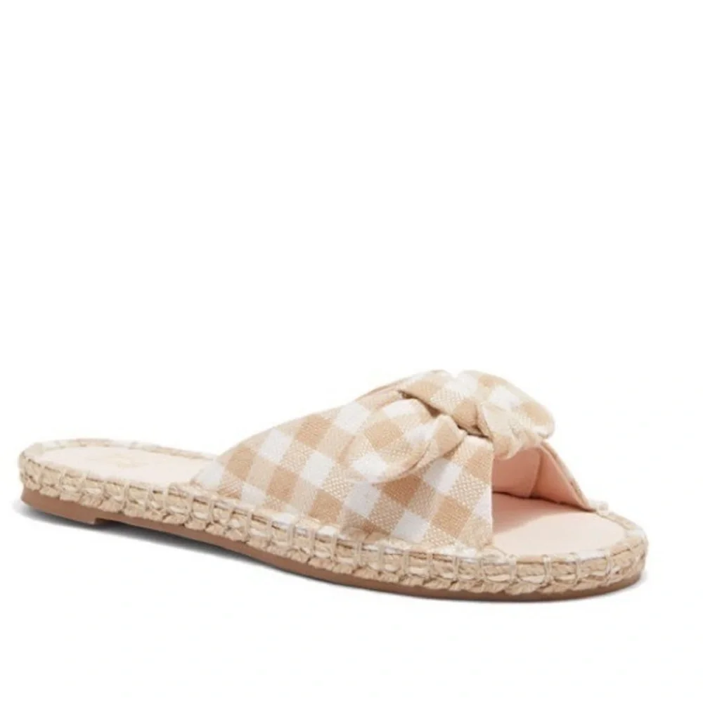 Tan Checked Slide Sandals